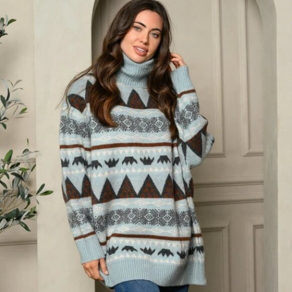 TURTLE NECK MULTI PRINT SWEATER Blue WOMEN'S - Picture 1 of 4
